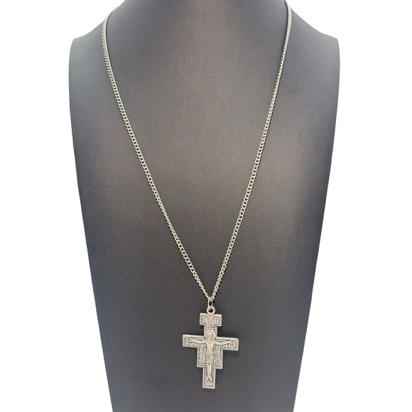 Jewelry - Vintage Italy Silver Tone Etched San Damiano Crucifix Christian Cross Necklace